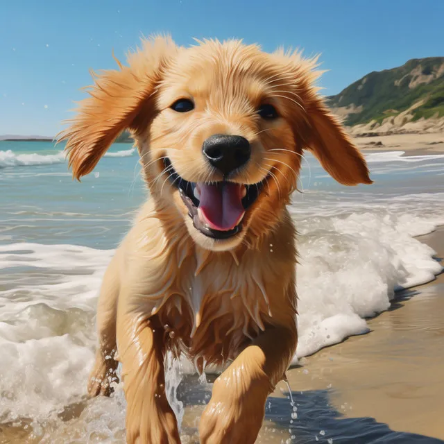 Juego De Cachorros En La Playa Junto Al Mar