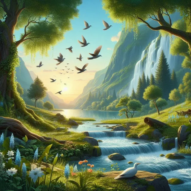 Relaxing Landscape with Birds and Flowing Water in the Background 11