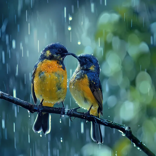 Reflective Tranquility with Rain and Birds