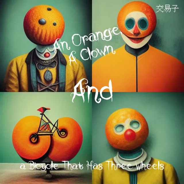 An orange, a clown and a bicycle that has three wheels